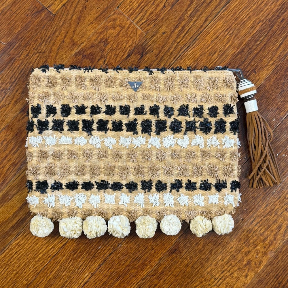 Sam Edelman Women's Straw Clutch Handbag Purse with Tassel Accent Pom Poms